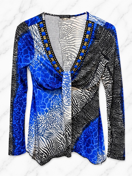 VENUS Tops - VENUS Blue Animal Print Embellished V-Neck Asymmetrical Top | Size Small